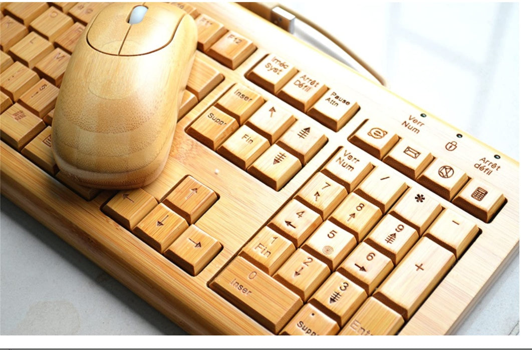Large Bamboo Wired Keyboard And Mouse Set For Computer Use