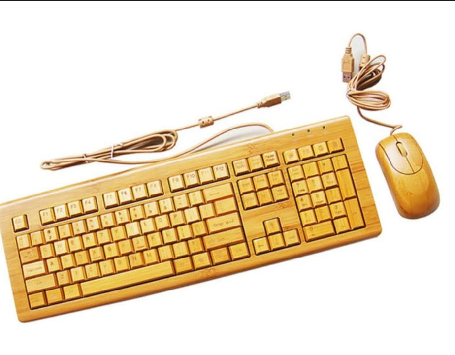 Large Bamboo Wired Keyboard And Mouse Set For Computer Use